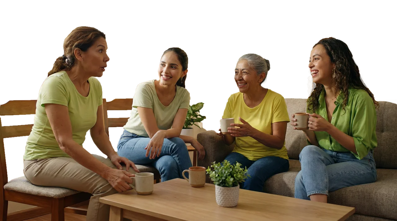 Cuatro amistades mexicanas conversando con tazas en una sala